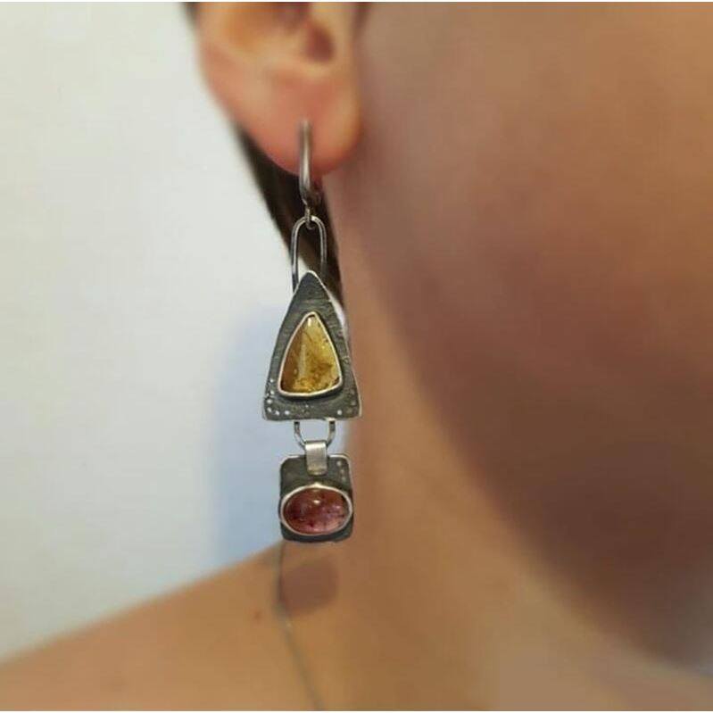 Vintage Asymmetric Stud Earrings Geometric Triangle Metal Pendant Stone Purple Yellow Orange