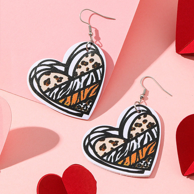 Valentine's Day Heart Leopard Plaid Leather Earrings Western Cartoon Jewelry for Women