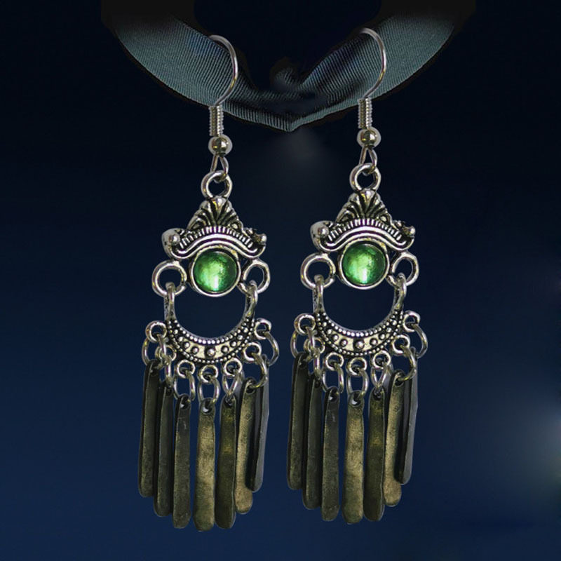 Ethnic Style Antique Metal Tassel Dangle Earrings Handcrafted Emerald Statement Jewelry
