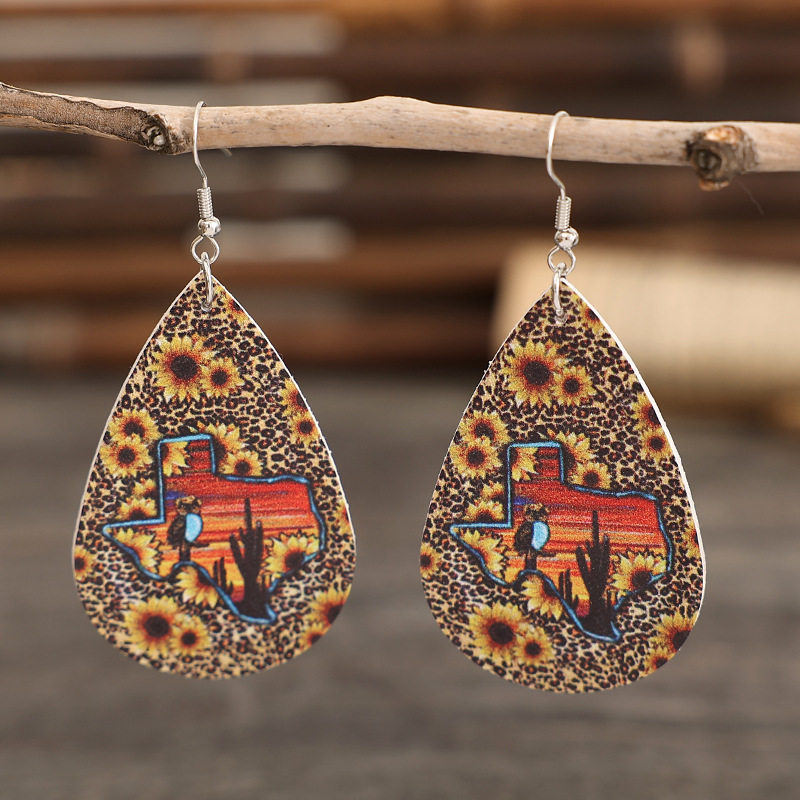 Sunflower Leopard Cactus Printed Teardrop Earrings | Bohemian Patterned Dangle Jewelry