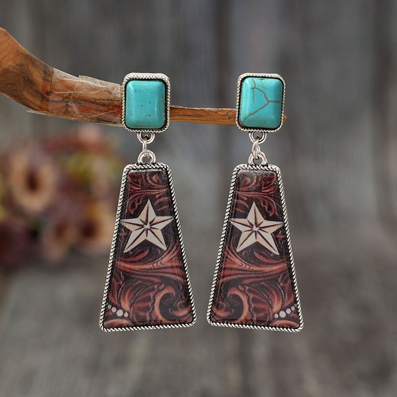 Bohemian Ethnic Geometric Epoxy Pattern Turquoise Inlaid Alloy Earrings | Vintage Tribal Jewelry