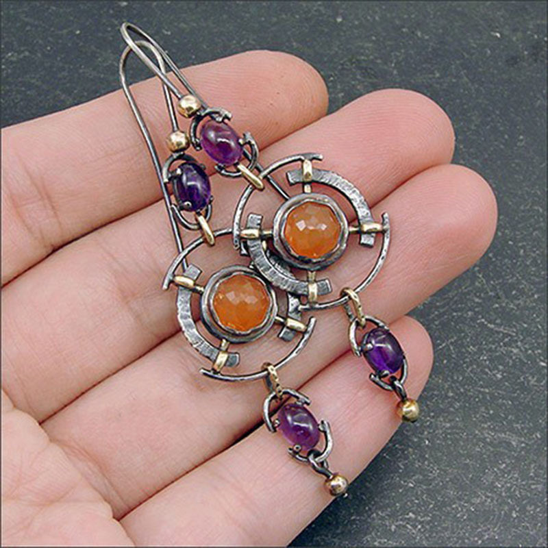 3E3C Vintage Openwork Disc Drop Earrings | European Retro Gemstone Inlaid Waterdrop Statement Jewelry for Women