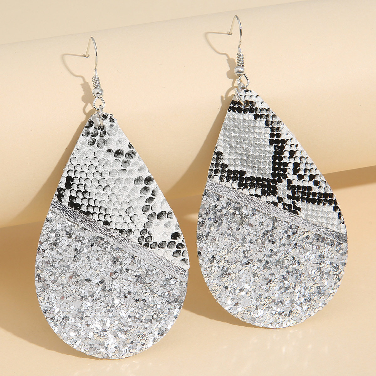 Vintage PU Snakeskin Pattern Earrings Patchwork Sequin Teardrop Leather Dangles