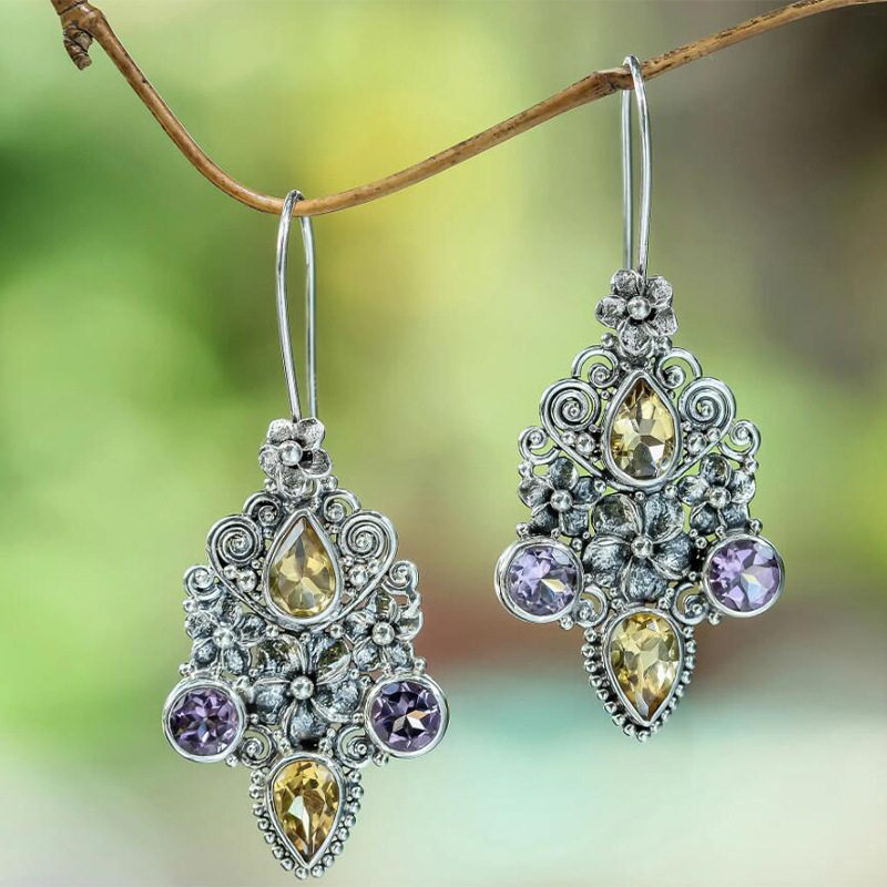 Vintage Ethnic Style Carved Teardrop Pear-Shaped Earrings Diamond-Embedded Jewelry
