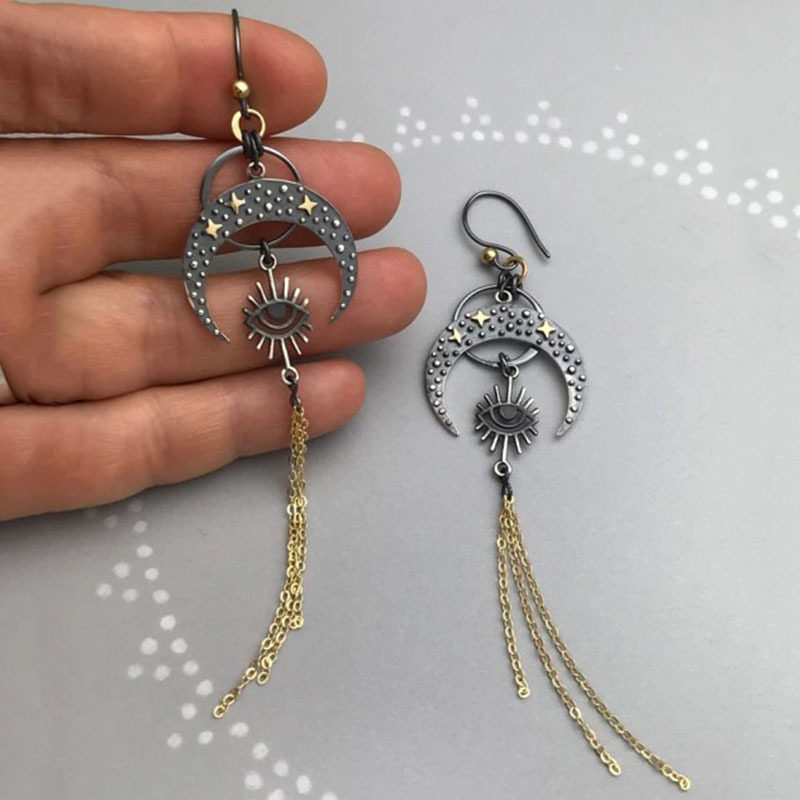3E3C Vintage Ethnic Long Chain Tassel Earrings | Evil Eye Star Statement Dangle Jewelry for Women