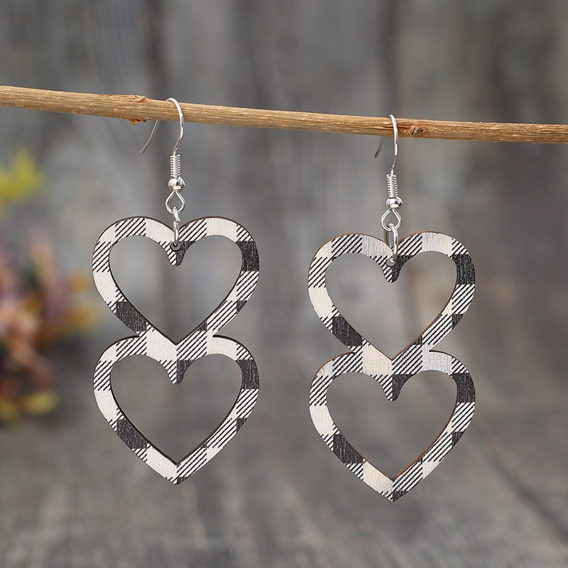 3E3C Vintage Valentine's Day Double-Layer Heart Wooden Earrings | Artistic Retro Statement Jewelry for Women
