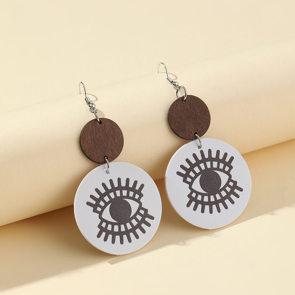 Bold Round Wood Slice Leather Patchwork Earrings Turkish Evil Eye PU Double-Sided Dangles