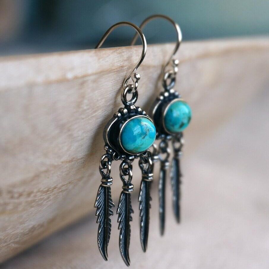 Ethnic Turquoise Earrings | Vintage Long Feather Tassel Dangle Drop Earrings