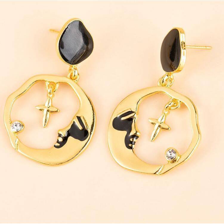 Edgy Star Moon Metal Face Stud Earrings Geometric Trendy Diamond-Encrusted Statement Jewelry