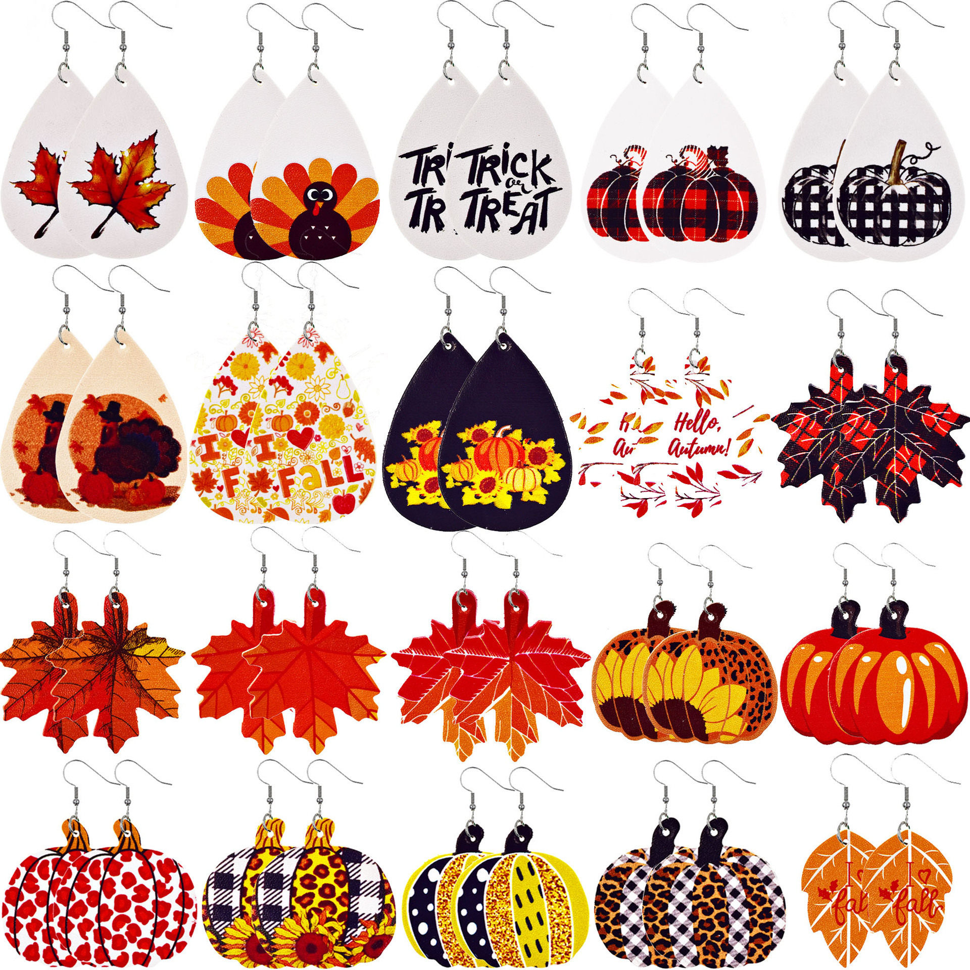 Fall Thanksgiving Red Plaid Leopard Sunflower Pumpkin Maple Leaf PU Earrings for Women