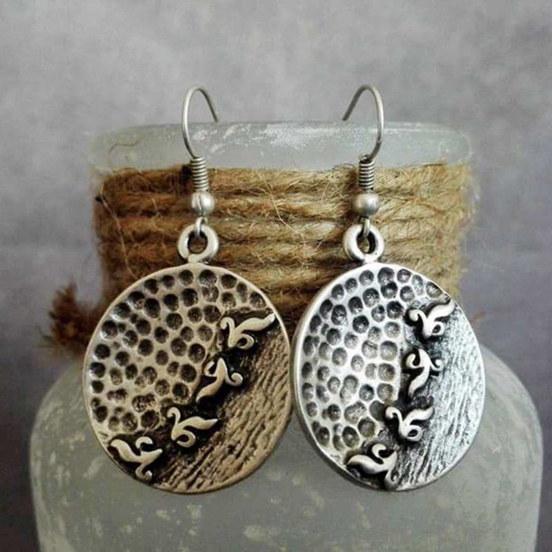 Vintage Ethnic Style Hammered Distressed Earrings Geometric Round Thai Silver Carved Jewelry