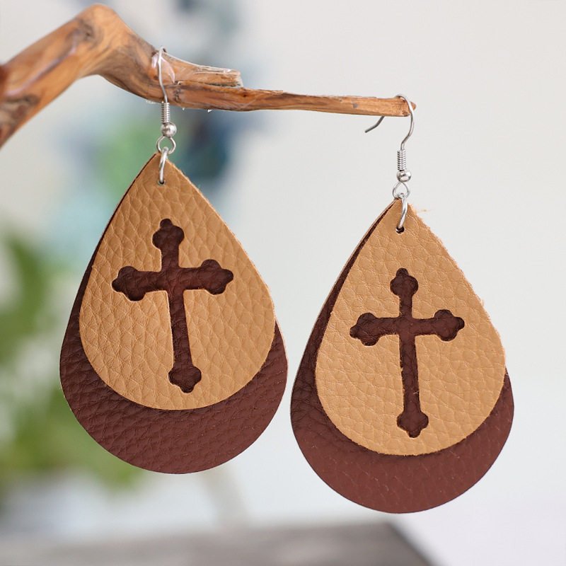 Geometric Hollow Western-Style Double-Sided Cross Dangle Earrings Teardrop Leather Jewelry
