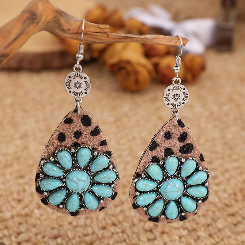 Western Style Leopard Print Fuzzy Flower Turquoise Earrings New Creative Design