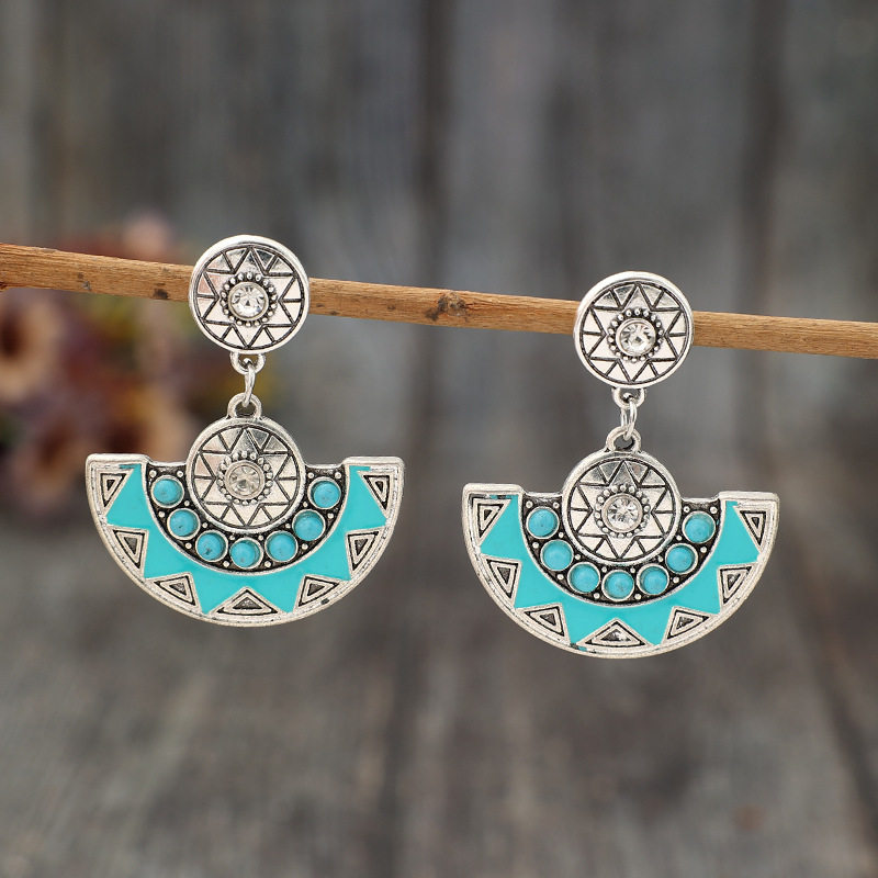 Bohemian Semi-Circular Versatile Alloy Earrings | Turquoise Inlaid Retro Jewelry