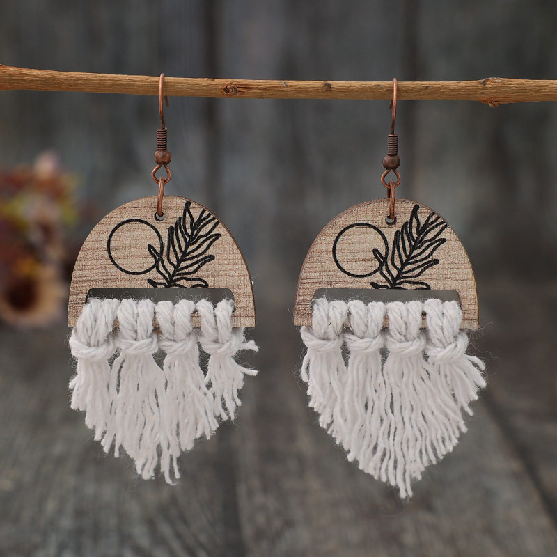Vintage Wooden Printed Botanical Earrings Handwoven Tassel Wrapped Statement Jewelry for Women