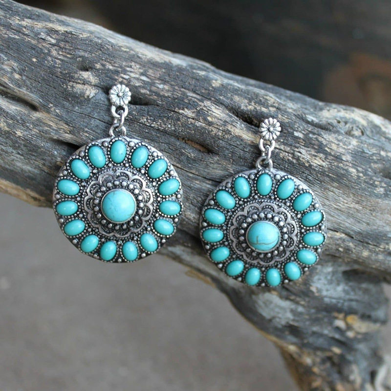 Vintage Bohemian Turquoise Stud Earrings Western Oversized Ethnic Style Carved Edge Jewelry