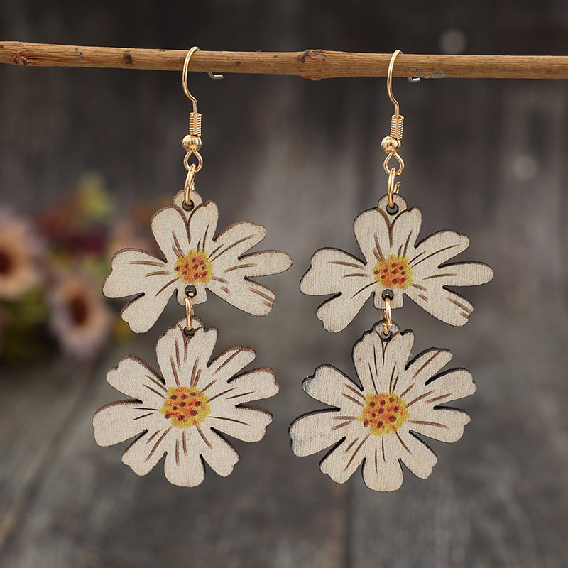 Vintage Fresh Style White & Pink Daisy Patchwork Wooden Earrings for Women