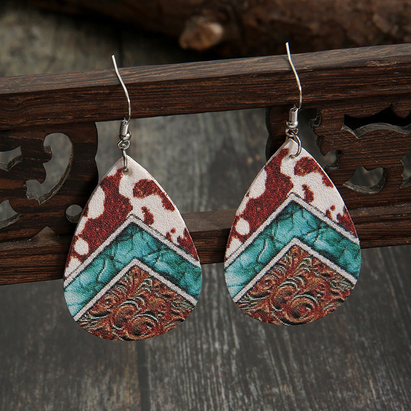 3E3C Vintage Western Cow Print Leather Earrings | Unique Double-Sided PU Waterdrop Dangle Jewelry for Women