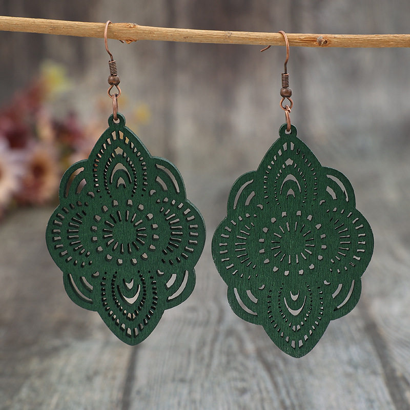Vintage Ethnic Carved Pattern Long Wooden Earrings | Boho Tribal Jewelry