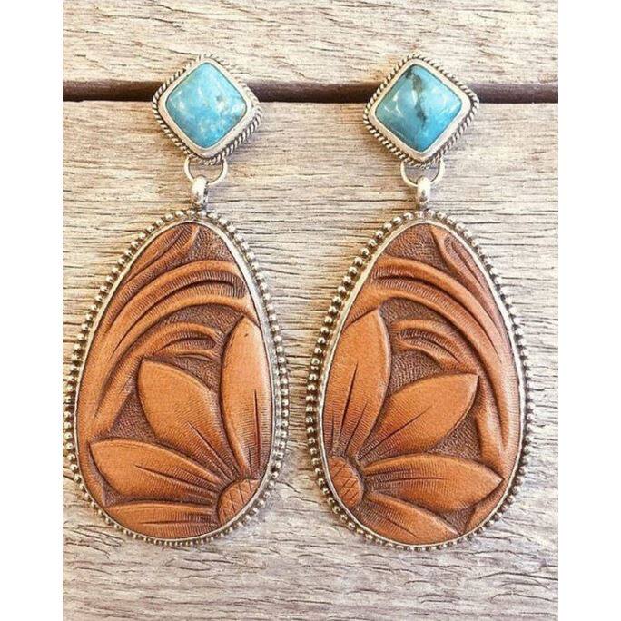 Vintage Silver Plated Turquoise Earrings Western Fashion Brown Sunflower Dangle Jewelry