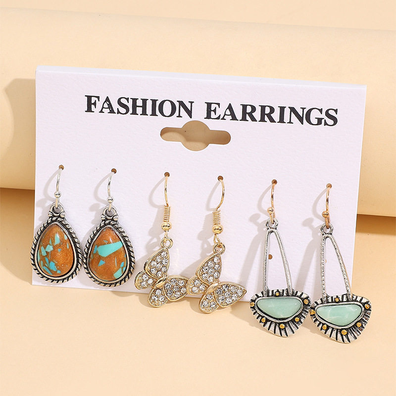 Ethnic Style Geometric Teardrop Turquoise Earrings Fashion Rhinestone Butterfly 3-Pair Set