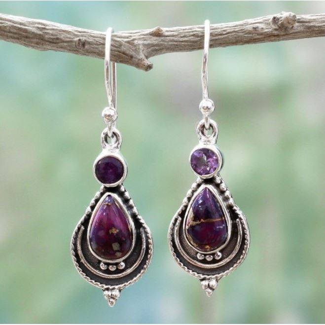 Vintage Charoite Earrings Fashion Purple Turquoise Inlaid Dangle Jewelry for Women