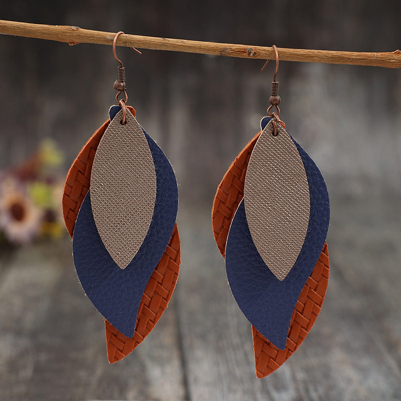 New Retro - style Multi - layer S - shaped Leaf PU Leather Women's Earrings