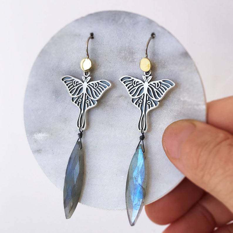 Vintage Trendy Skull Moth Earrings Bold Punk Style Moonstone Drop Jewelry for Women