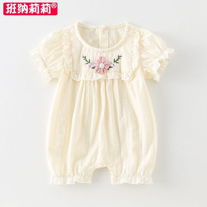 Baby Summer Clothes, Newborn Girl's One-Piece Outfit, Full Moon Hundred-Day Princess Short-Sleeved Romper, Pure Cotton Thin Crawling Suit