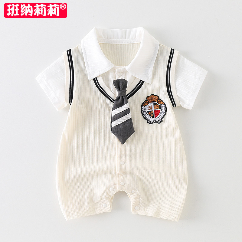 Newborn Baby Summer Clothes, Boy Baby Summer College Style Short-Sleeved Jumpsuit, Super Cute Full Moon Hundred-Day Romper, Thin