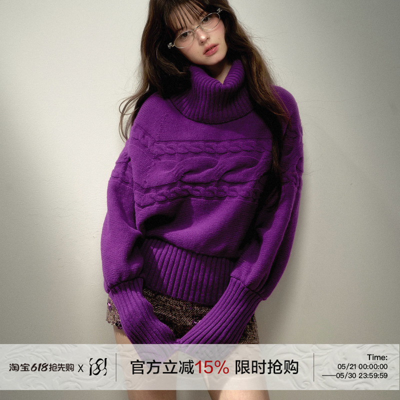 Runrunsweet Original 100% Wool Retro Wisteria Flower Style Lazy Loose Purple Turtleneck Sweater for Women Runrunsweet Original 100% Wool Retro Wisteria Flower Style Lazy Loose Purple Turtleneck Sweater for Women