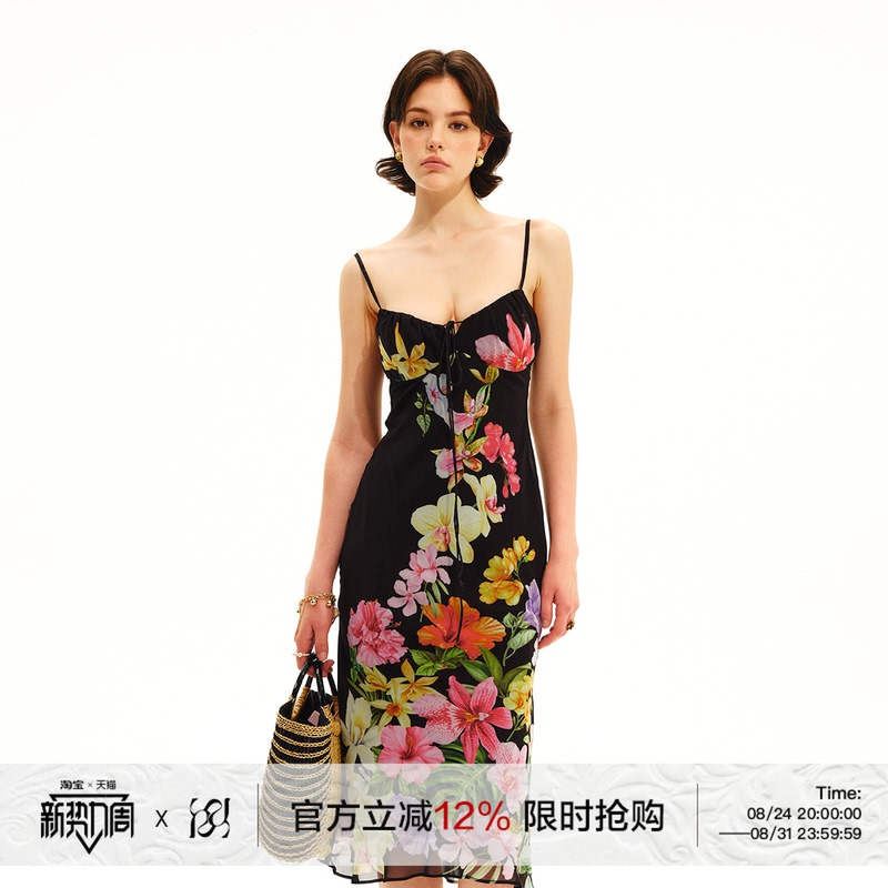 Runrunsweet Original Retro Bright Hand-Painted Tropical Floral Slim-Fit Spaghetti Strap Short Dress Runrunsweet Original Retro Bright Hand-Painted Tropical Floral Slim-Fit Spaghetti Strap Short Dress