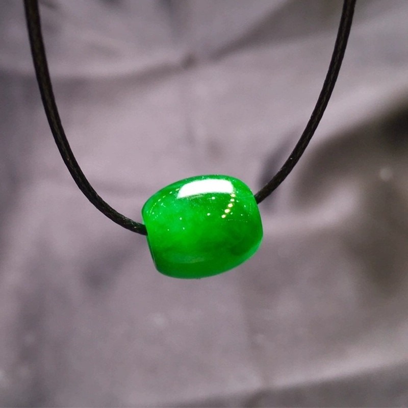 Auction of Full Green Jadeite Lucky Bead Pendant, Burmese Old Mine Waxy Ice Jade Single Bead, Unisex Clavicle Chain