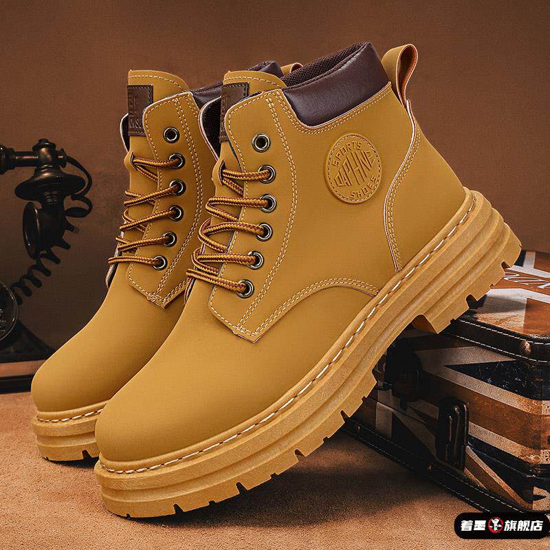 2025 Spring Work Boots Men's Safety Shoes Versatile Martin Boots Leather High-Top Sneakers Casual Shoes Men's Yellow Boots