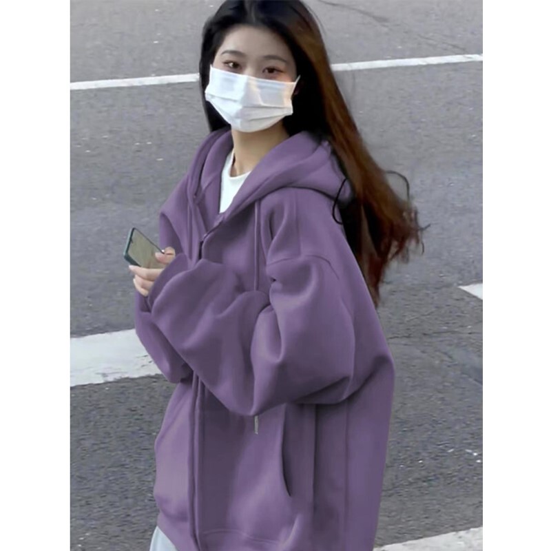 Grape Purple Cardigan Zip-Up Hoodie for Women, Autumn and Winter, Fleece-Lined, Thickened, American Retro Style, Trendy Brand, Lazy Style