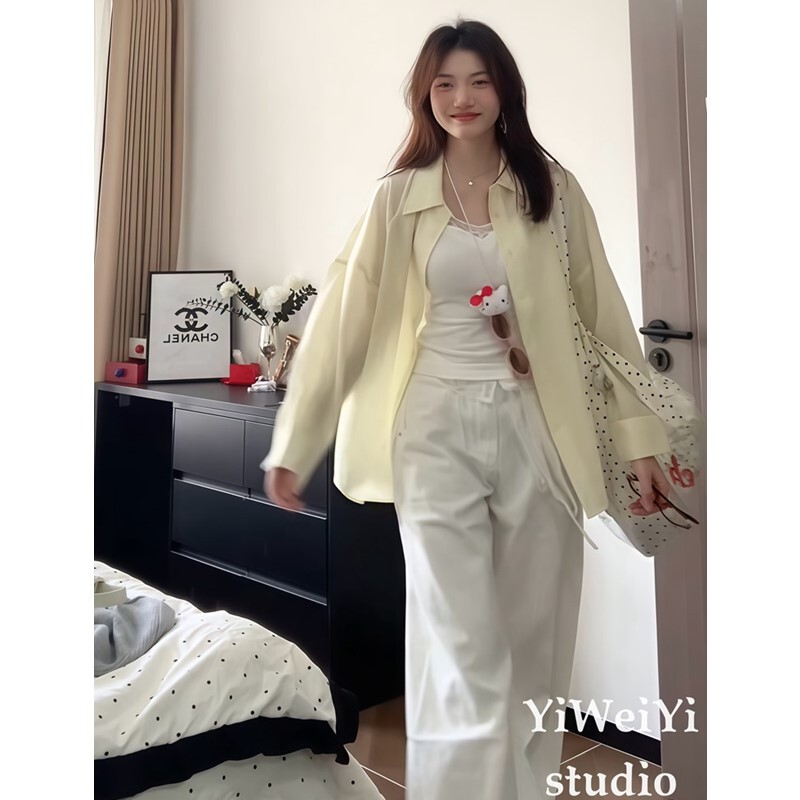 Summer Dopamine Cool-Feel Chiffon Shirt, Yellow Cardigan, Outer Layer Top, Long-Sleeve Air-Conditioning Shirt, Basic Versatile Style