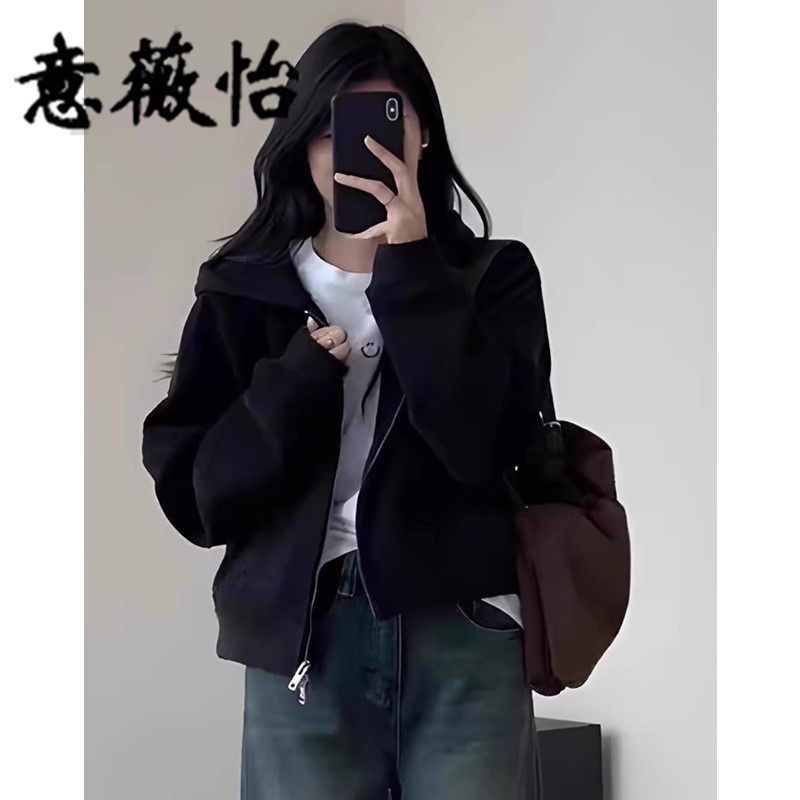 Pure Cotton Heavyweight Black Sweatshirt, Short and Thin, American High Street Style Jacket, Hoodie, Long-Sleeved Sportswear, Simple and Versatile