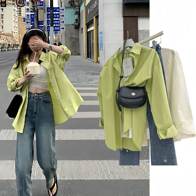 Spring Green Pure Cotton Shirt Women's Summer Wear 2024 New Style Shirt Petite Loose Top Sun Protection Thin Jacket