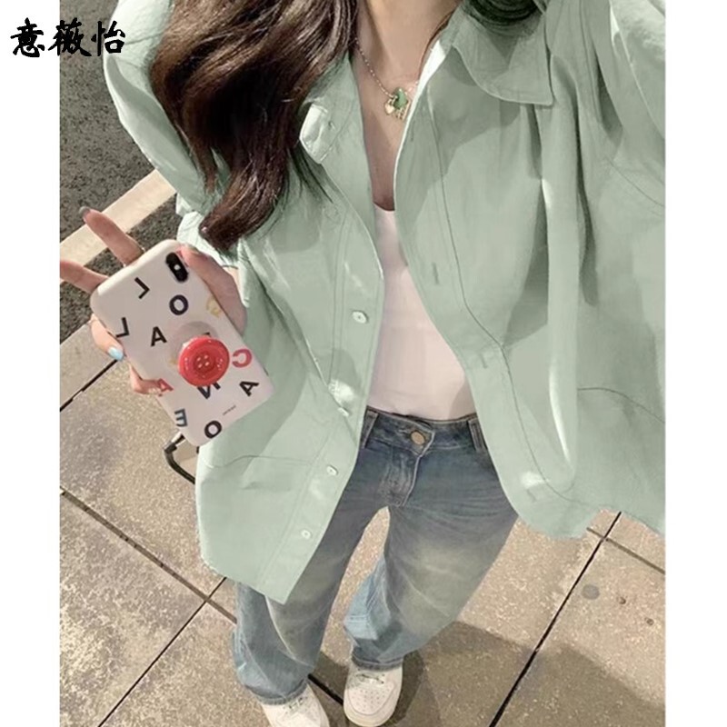 Dopamine Spring Bright Green Pure Cotton Shirt Women's Summer Sun Protection Jacket Versatile Casual Slimming Shirt