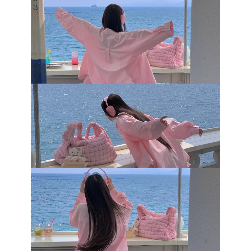 Ootd Korean Women's Outfit ins Shirt for Spring and Autumn with a Cherry Blossom Pink Vibe, Thin Jacket for Layering or Wearing Alone