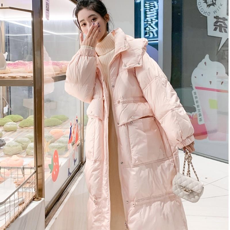 90% White Duck down Jacket for Women, Mid-Length, 2025 Winter New Style, Stand Collar, Hooded, Waist-Cinching, Large Pockets, Over-The-Knee Coat