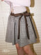 Minebethyvers Brown and Gray Plaid Lace-Up Puffy Midi Skirt, Elegant and Versatile Pleated A-Line Skirt
