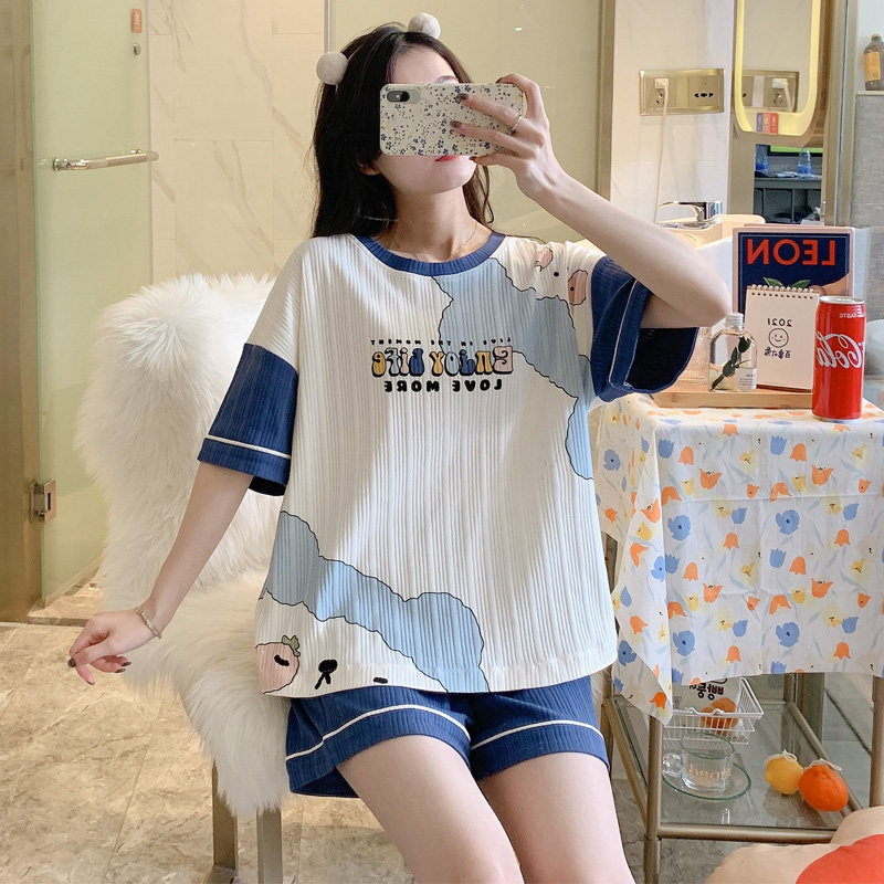 Pajamas women's summer short-sleeved cotton comfortable net red popular cute suit loose breathable thin English home clothes