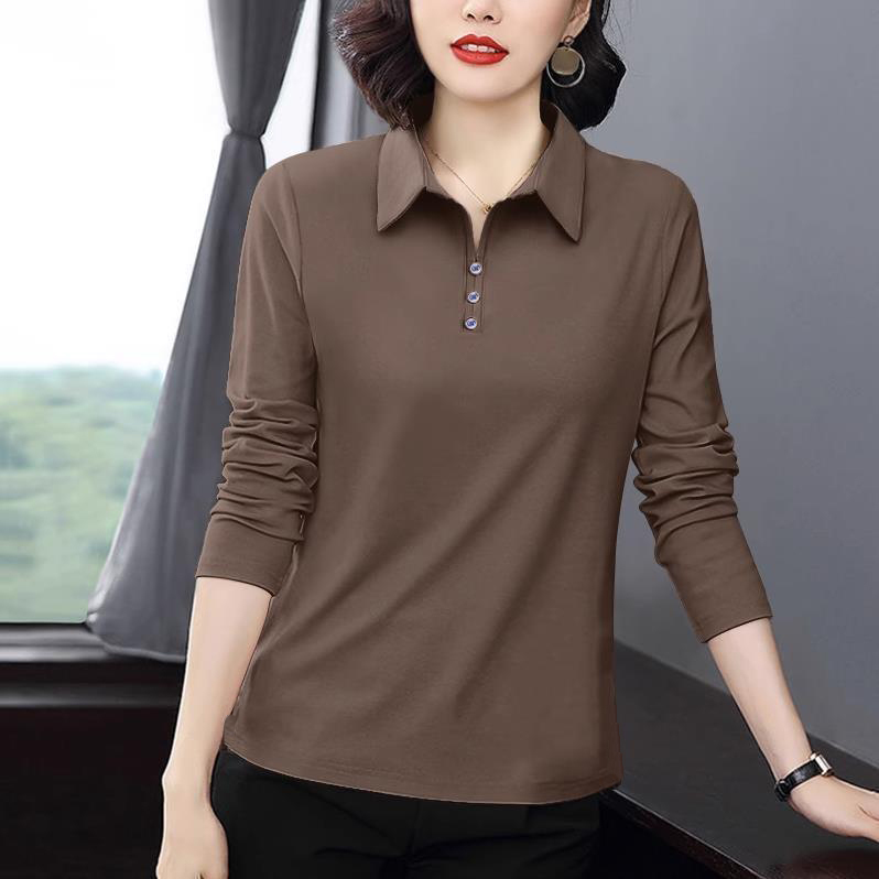 2025 Autumn Long-Sleeved T-Shirt for Women, Stylish and Age-Reducing, Loose Fit, Plus Size Women's Clothing, Polo Collar Base Shirt, Fat mm Top
