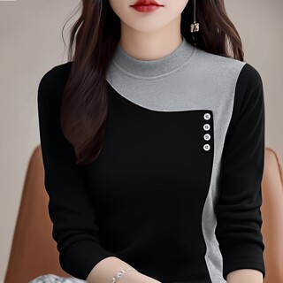 2026秋冬新款T恤德绒时尚半高领打底衫保暖显瘦拼色长袖上衣洋气