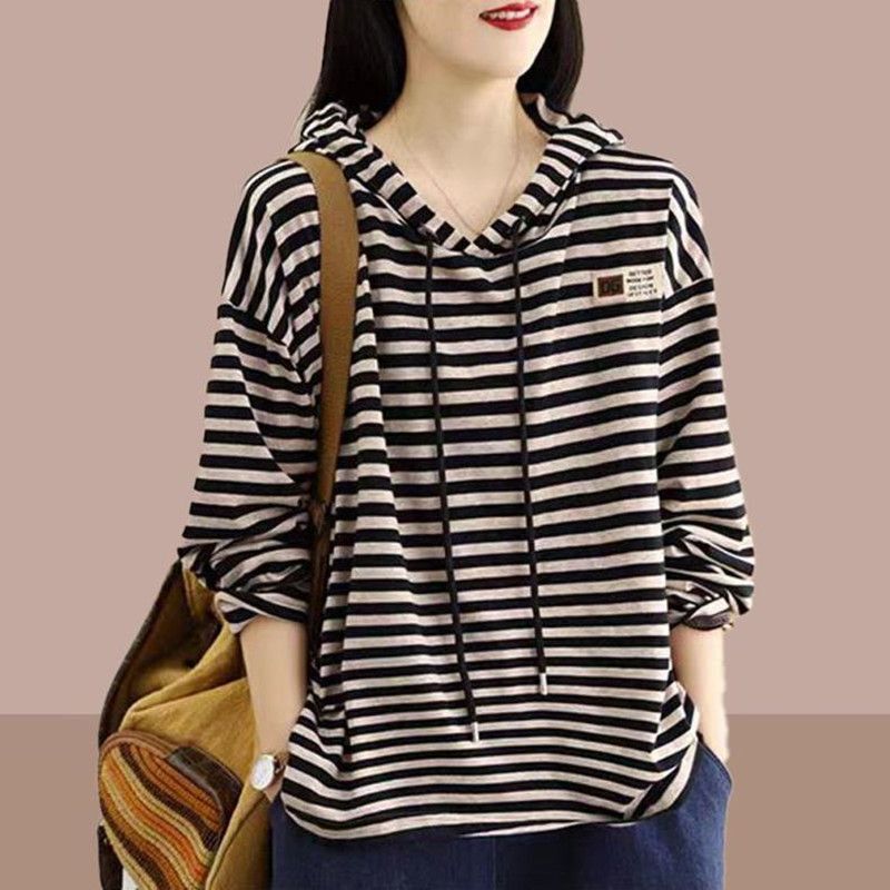 2026 Spring New Loose Striped Hooded Sweatshirt for Women, Long Sleeve Versatile Fashionable Striped T-Shirt, Stylish Base Shirt
