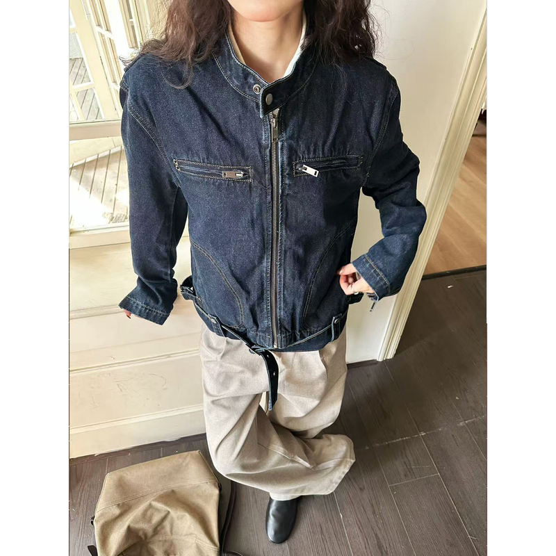 【Eme】American-Style Original Denim Biker Jacket for Men and Women, New Stand-Up Collar Short Vintage Denim Jacket