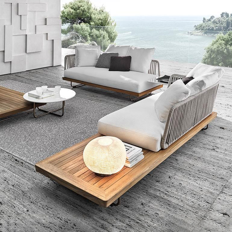 High-end outdoor teak rattan sofa coffee table combination villa courtyard garden terrace leisure waterproof rattan chair sofa