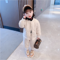 Hong Kong Woman Baby Winter Clothing Cotton Jacket Suit 2021 Autumn Winter New Girl Thickened Cotton Clothes Foreign Air Two Sets