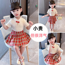 Hong Kong Girls Summer Clothing Suit Foreign Air Baby Retro China Wind Short Sleeve Summer Girl Plaid Short Dress Two Sets